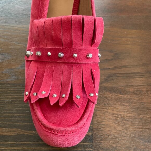 Like NEW Franco Sarto Red Fringe Suede Leather Block Heels Loafers - Picture 2 of 10